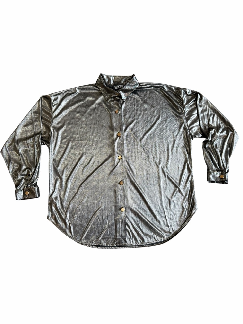 Vintage Wrapper Silver Metallic Button Front Blouse Women’s Large Disco Glam Top